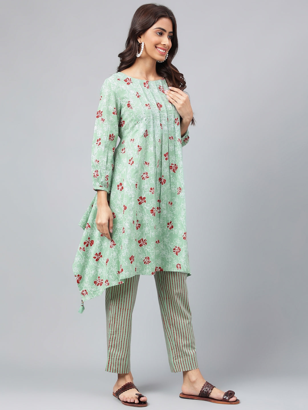 Green Cotton Floral Kurta