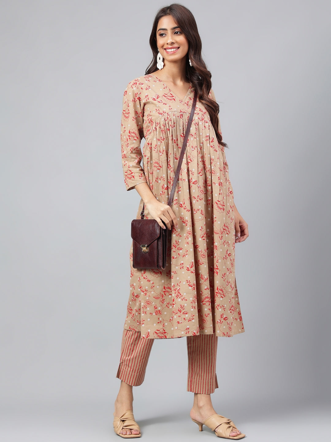 Brown Cotton Floral Kurta