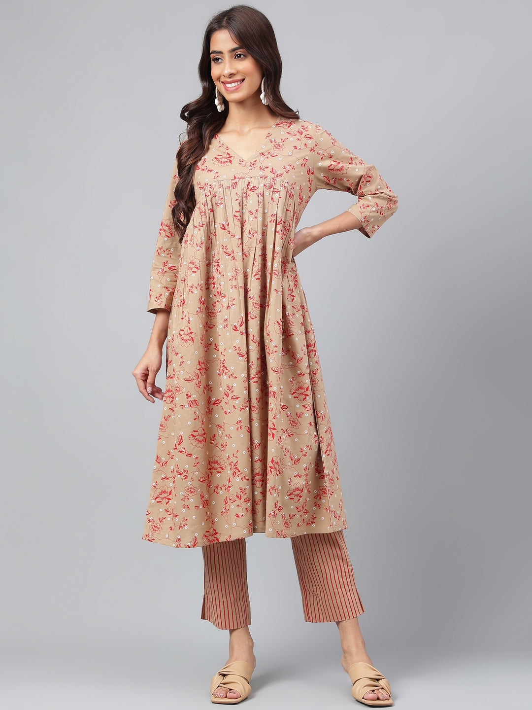 Brown Cotton Floral Kurta