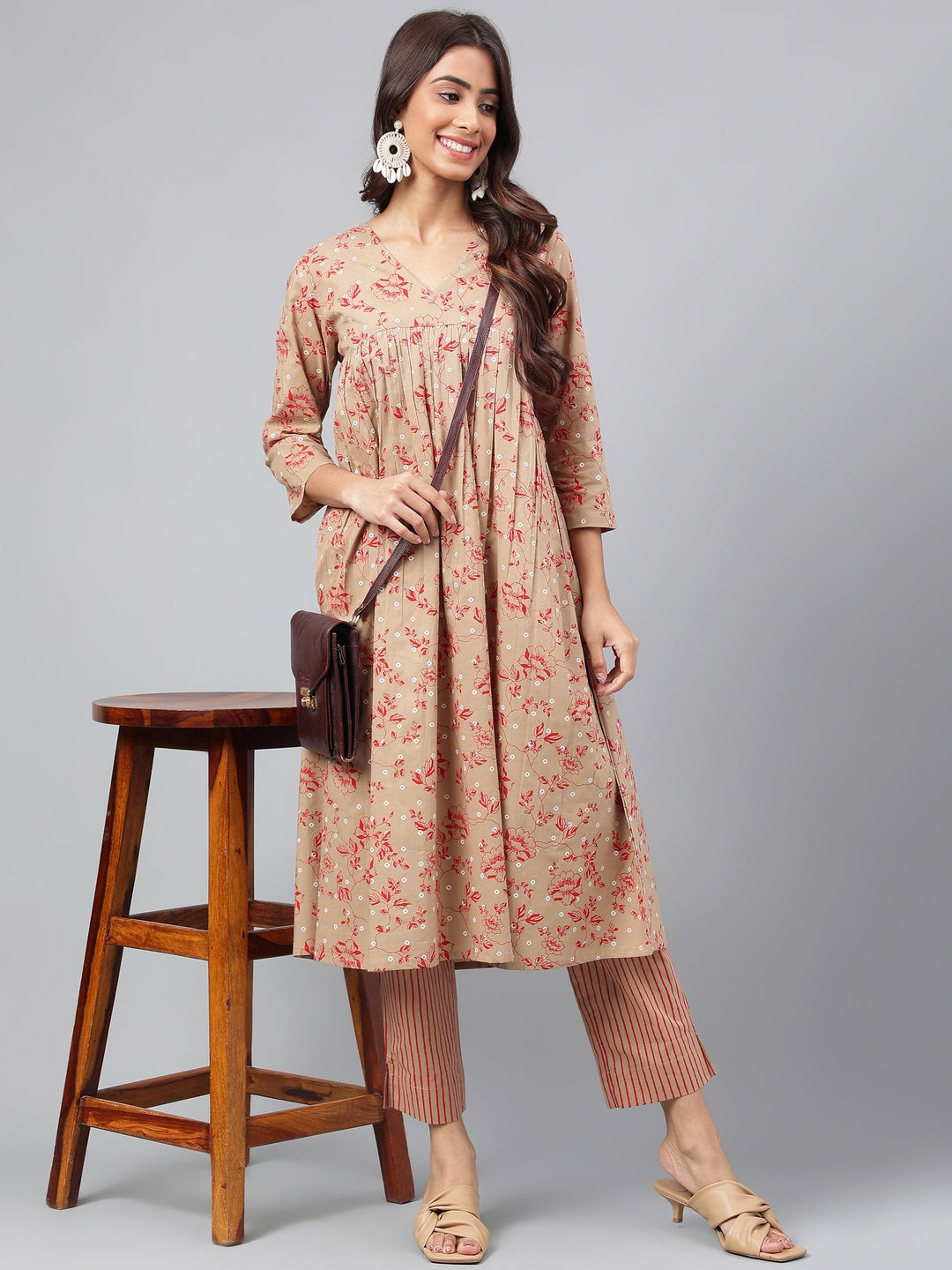 Brown Cotton Floral Kurta