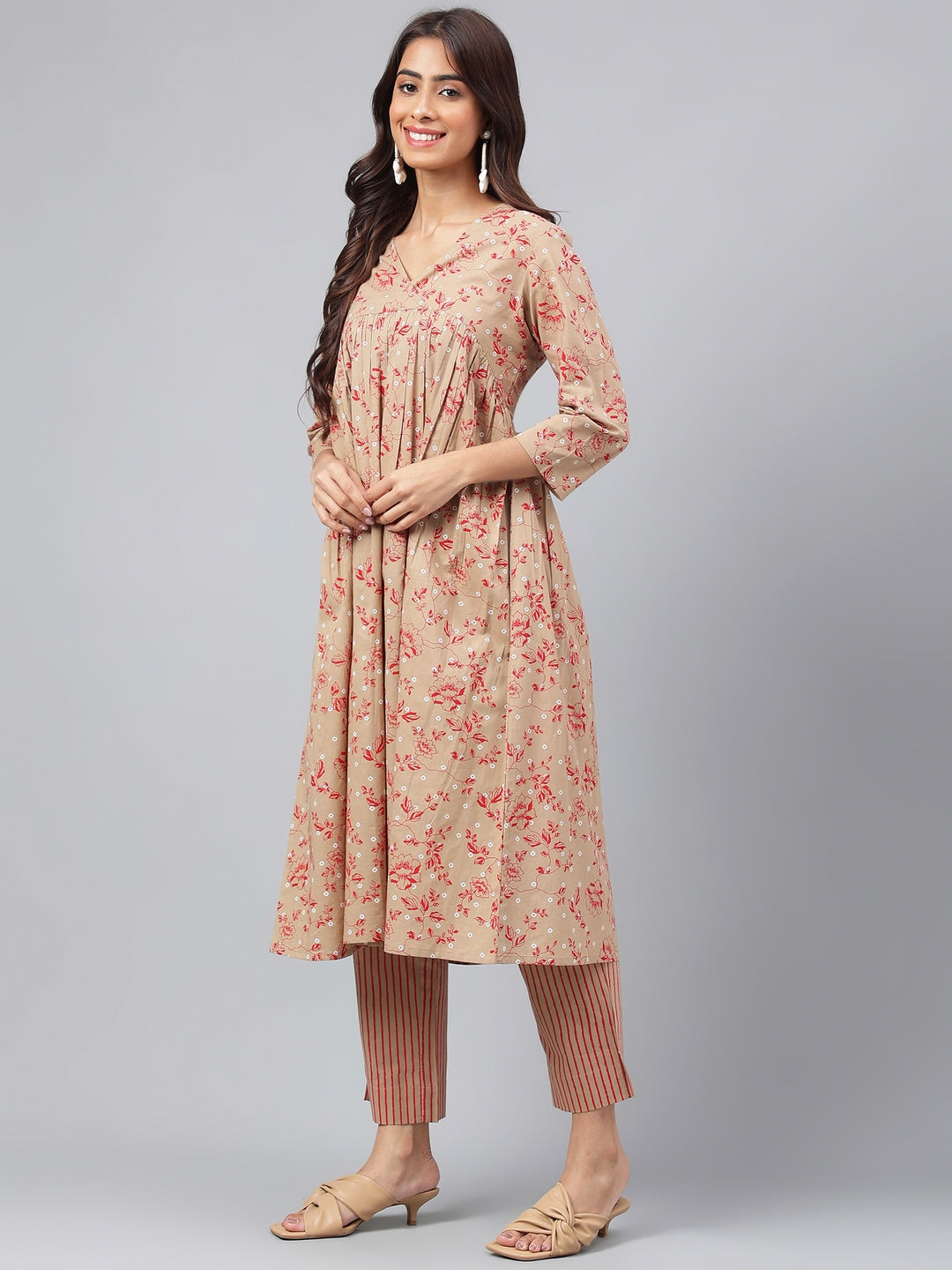 Brown Cotton Floral Kurta