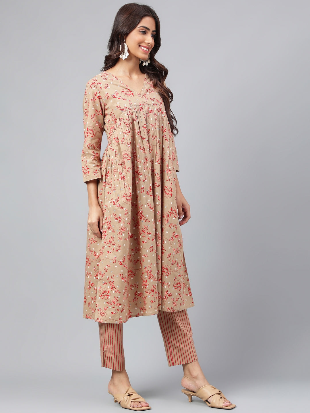 Brown Cotton Floral Kurta