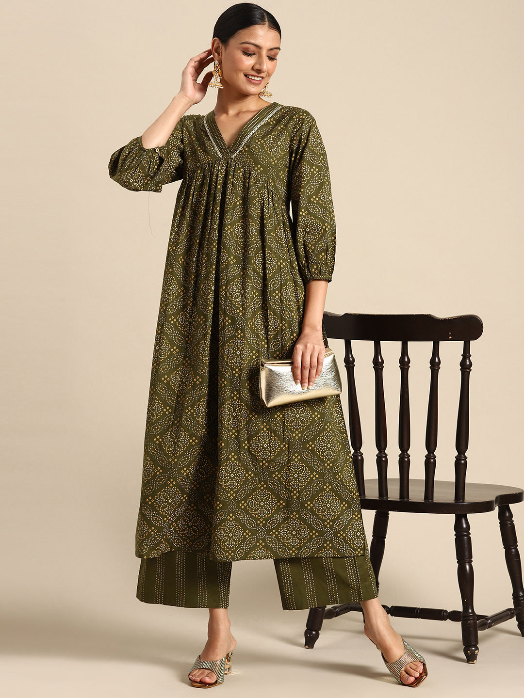 Women's Olive Green Cotton Bandhani Printed Kurta