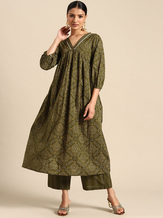 Women's Olive Green Cotton Bandhani Printed Kurta