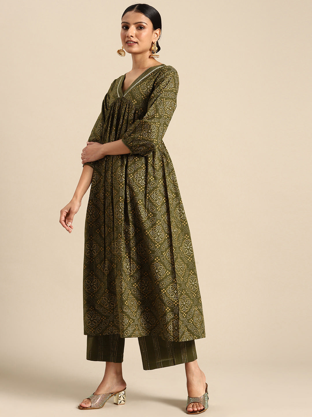 Women's Olive Green Cotton Bandhani Printed Kurta