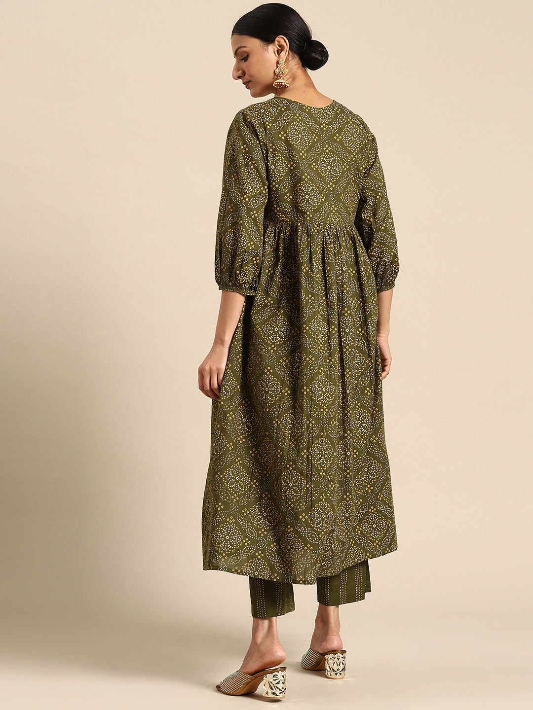 Women's Olive Green Cotton Bandhani Printed Kurta