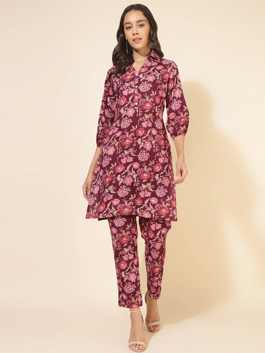 Purple Cotton Floral Printed Co-ords Set