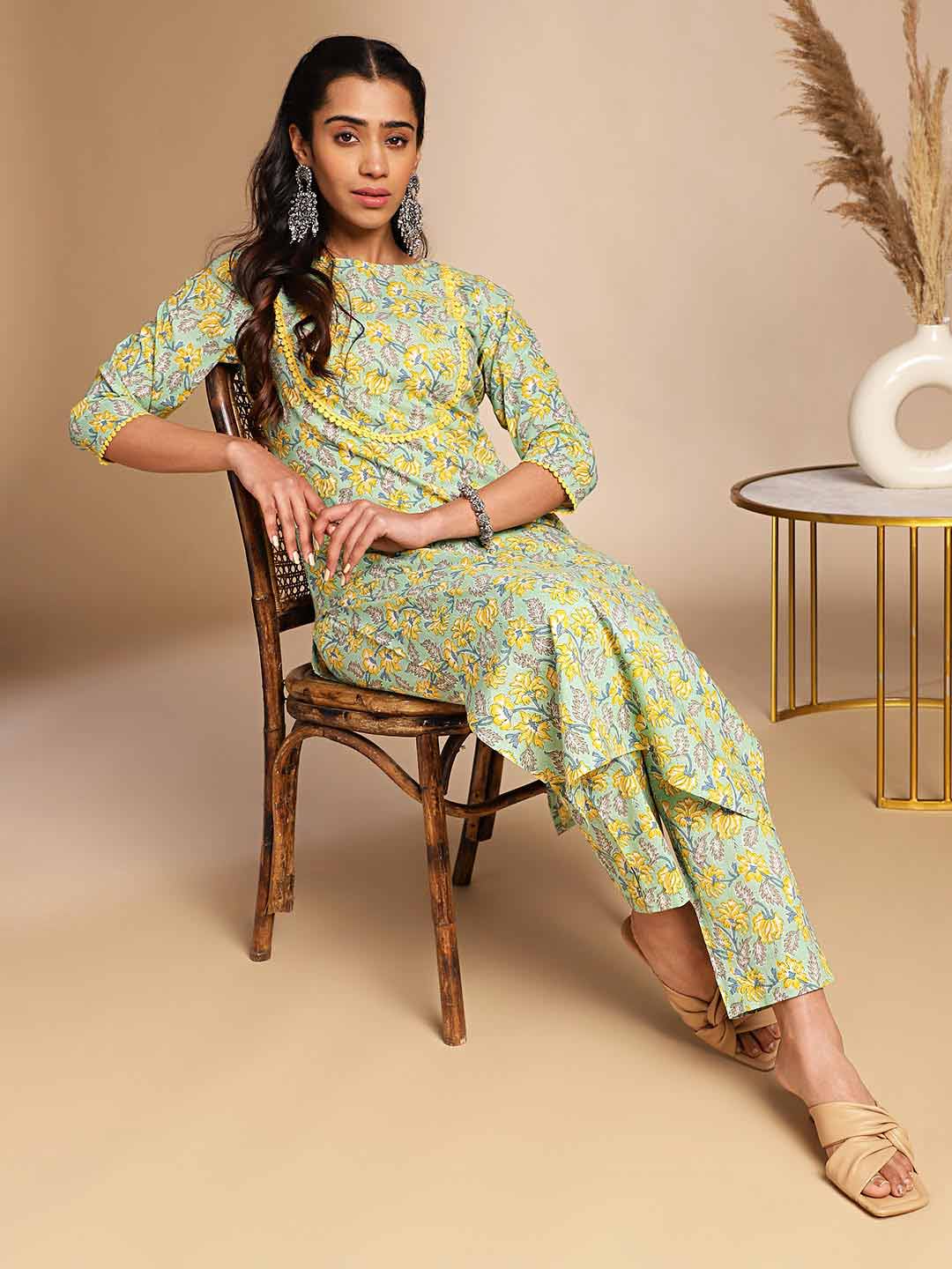 Light Green Cotton Floral Straight Co-ord Set