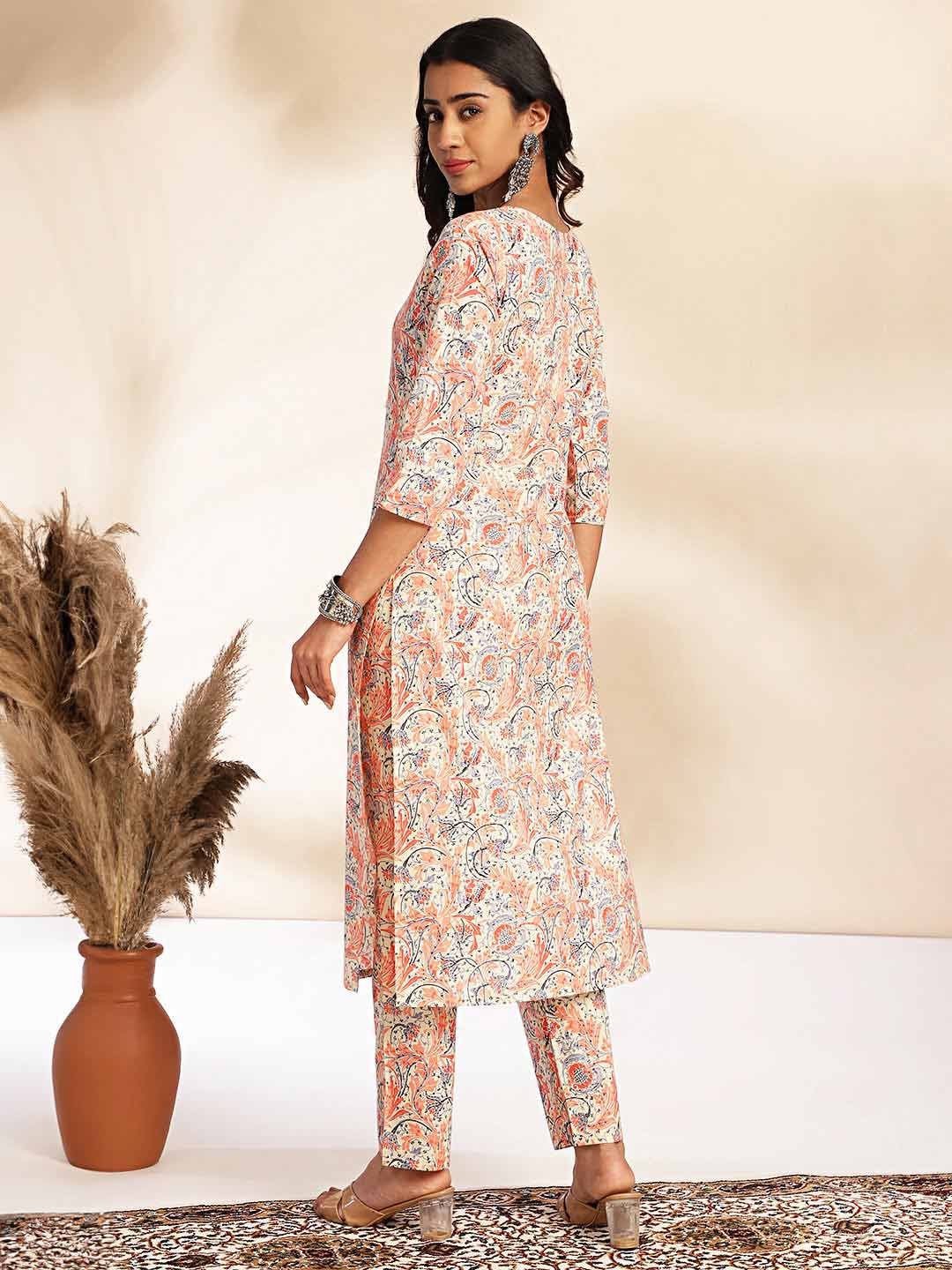 Pink Cotton Floral Straight Kurta Set