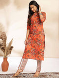 Rust Cotton Floral Regular Kurta Set