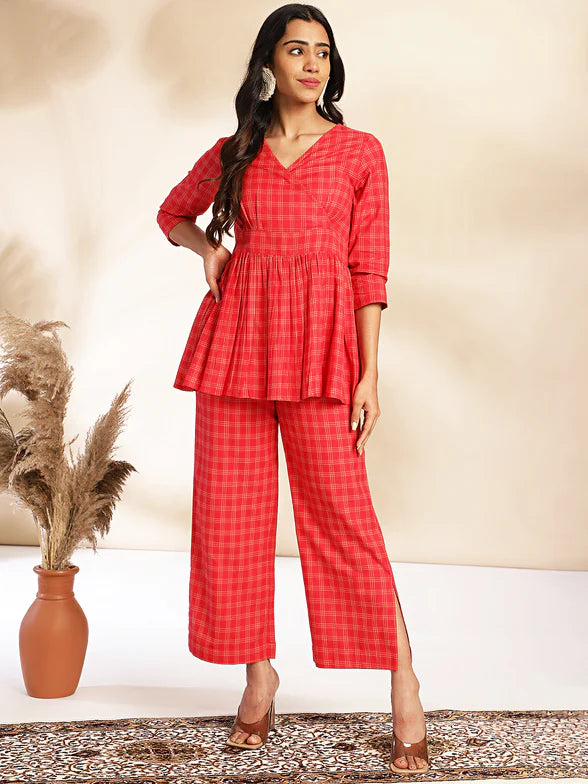 Red Cotton Checked Peplum Co-ord Set