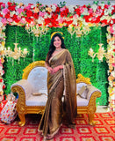 'Elegant Golden Silk Saree with Maroon Embroidered Blouse – Perfect for Weddings and Festive Occasions'