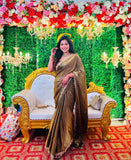 'Elegant Golden Silk Saree with Maroon Embroidered Blouse – Perfect for Weddings and Festive Occasions'