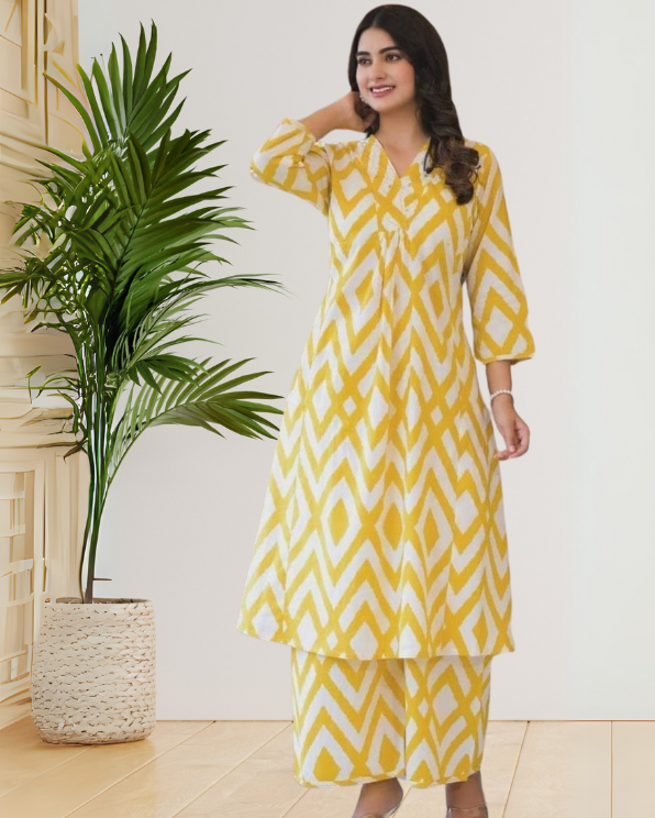 yellow cotton geometrical printed kurta set