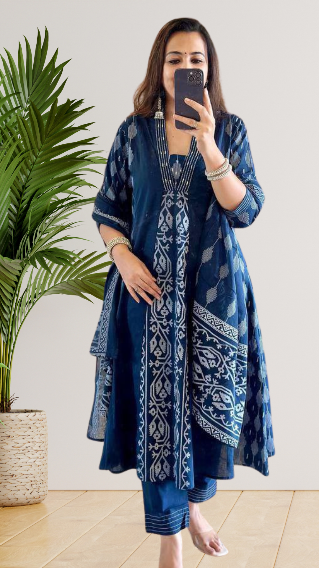 Navy Blue  V Neck Printed Anarkali Suit Set