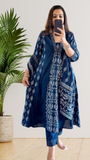 Navy Blue  V Neck Printed Anarkali Suit Set