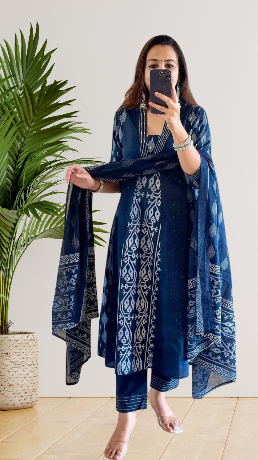 Navy Blue  V Neck Printed Anarkali Suit Set