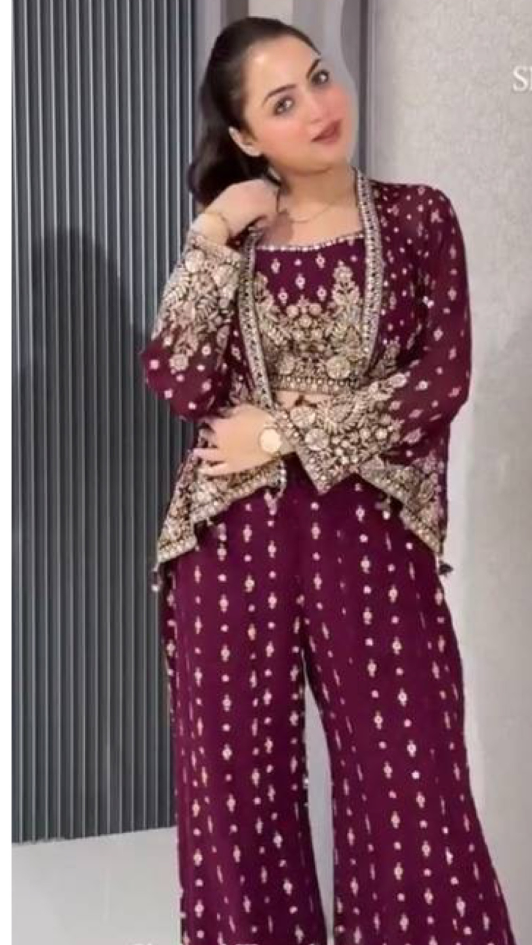 Glamorous Three-Piece Set with Embroidered Sequence Work