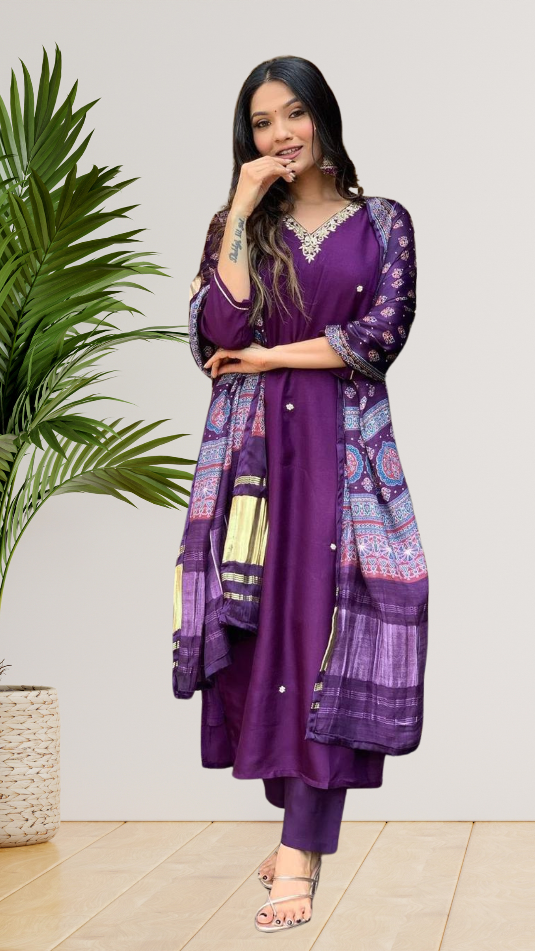 Silk purple embroidery  Premium Heavy Suit Set