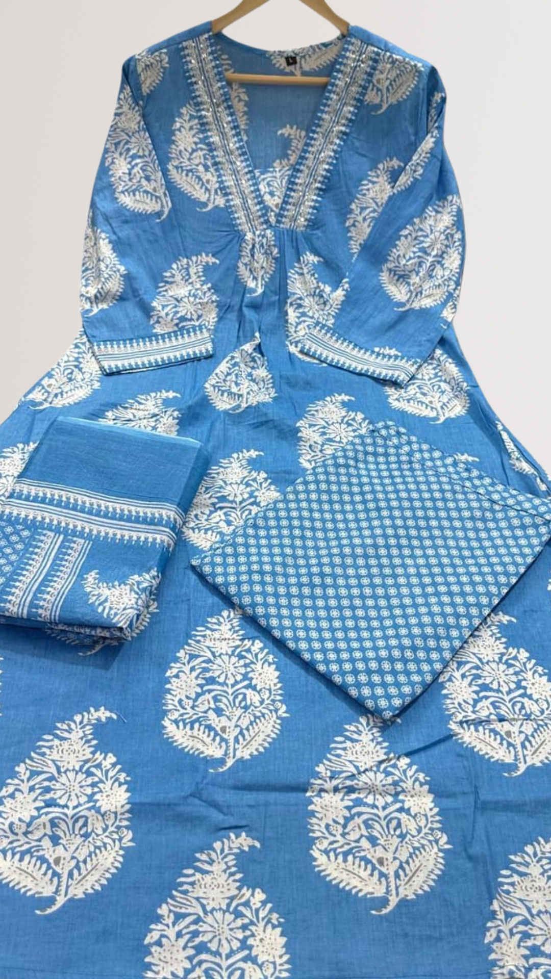 Sky blue block printed kurta set