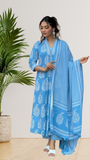 Sky blue block printed kurta set