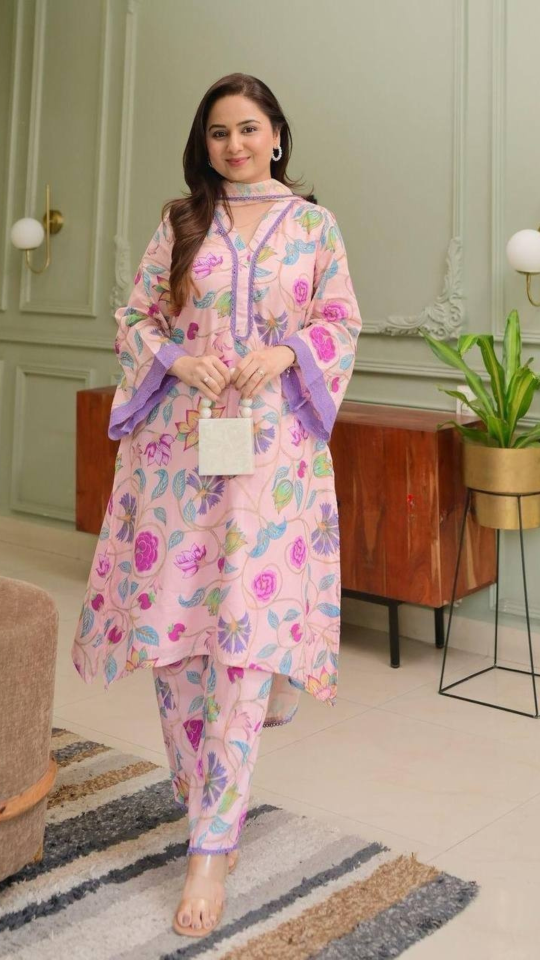 Grace Meets Comfort – Abstract Pink Floral Suit Set