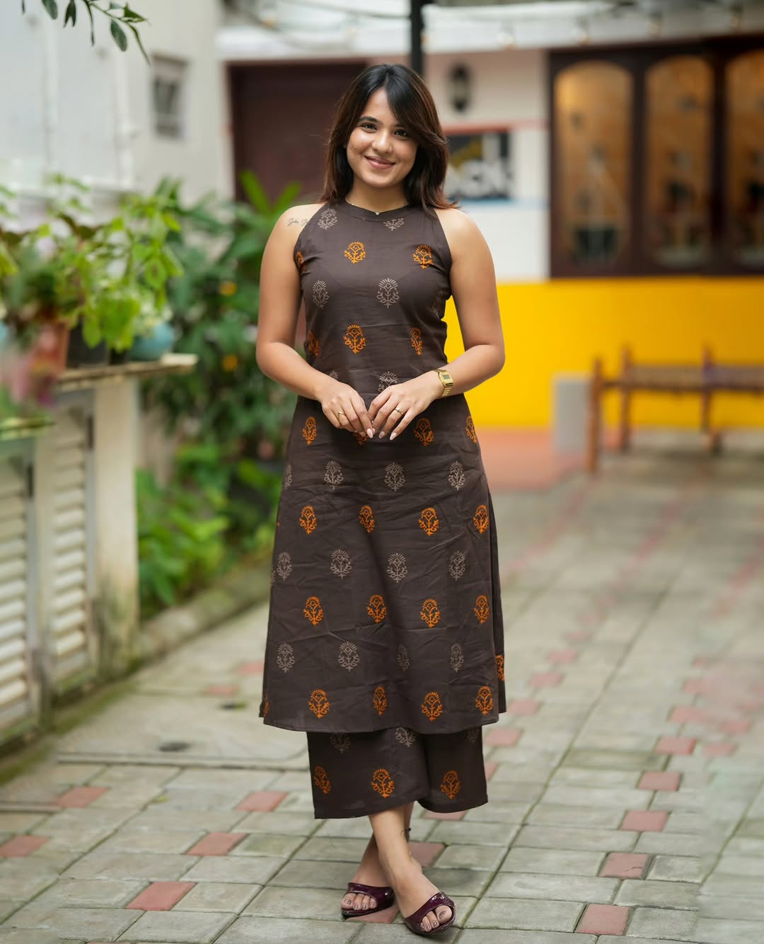 Festive Cotton Kurta Palazzo Set for Women | Halter Neck A-Line Printed Kurti