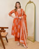 Elegant Discharge Print A-Line Kurta Set with Malmal Dupatta