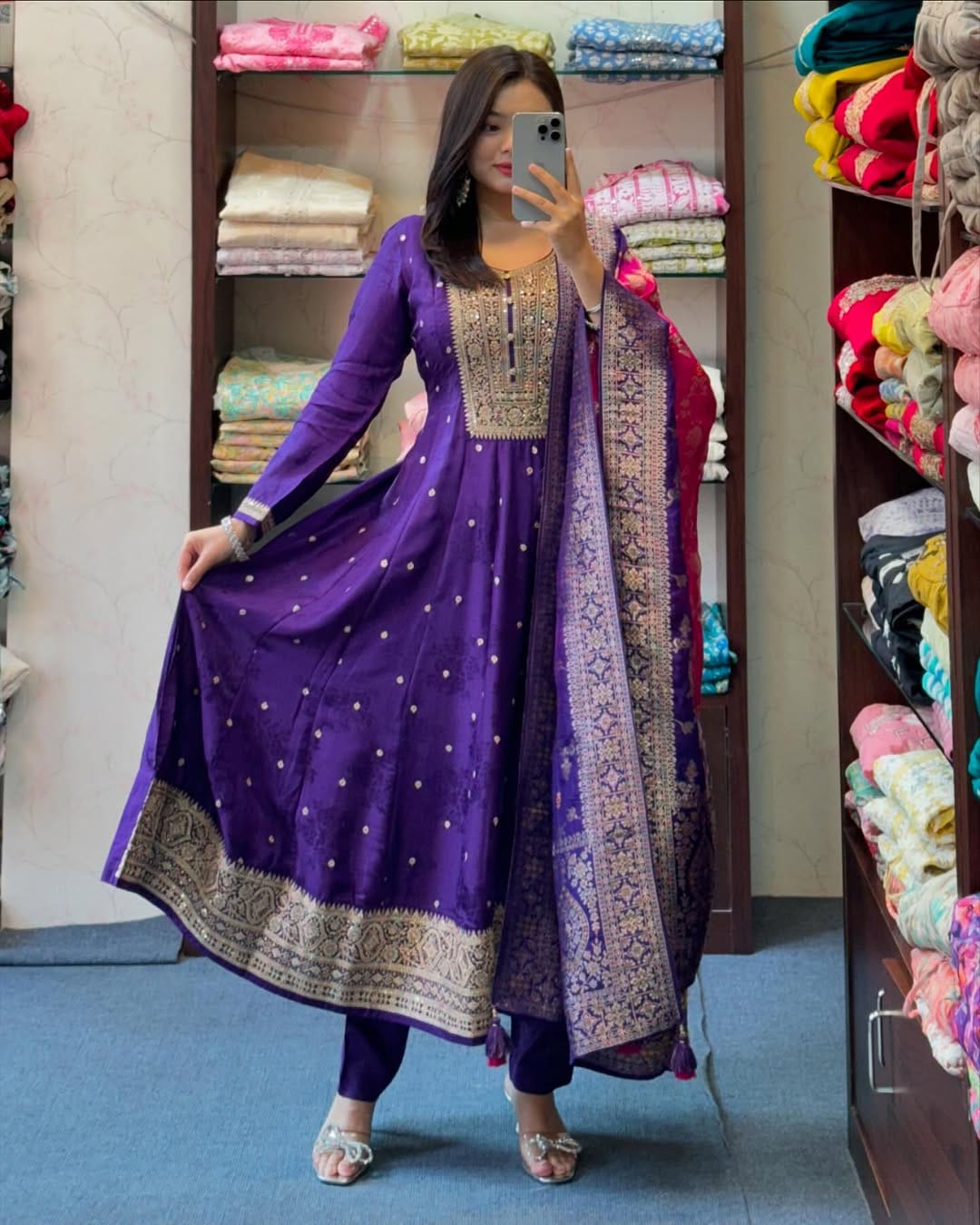 Navy Blue Anarkali Flared Kurti Set