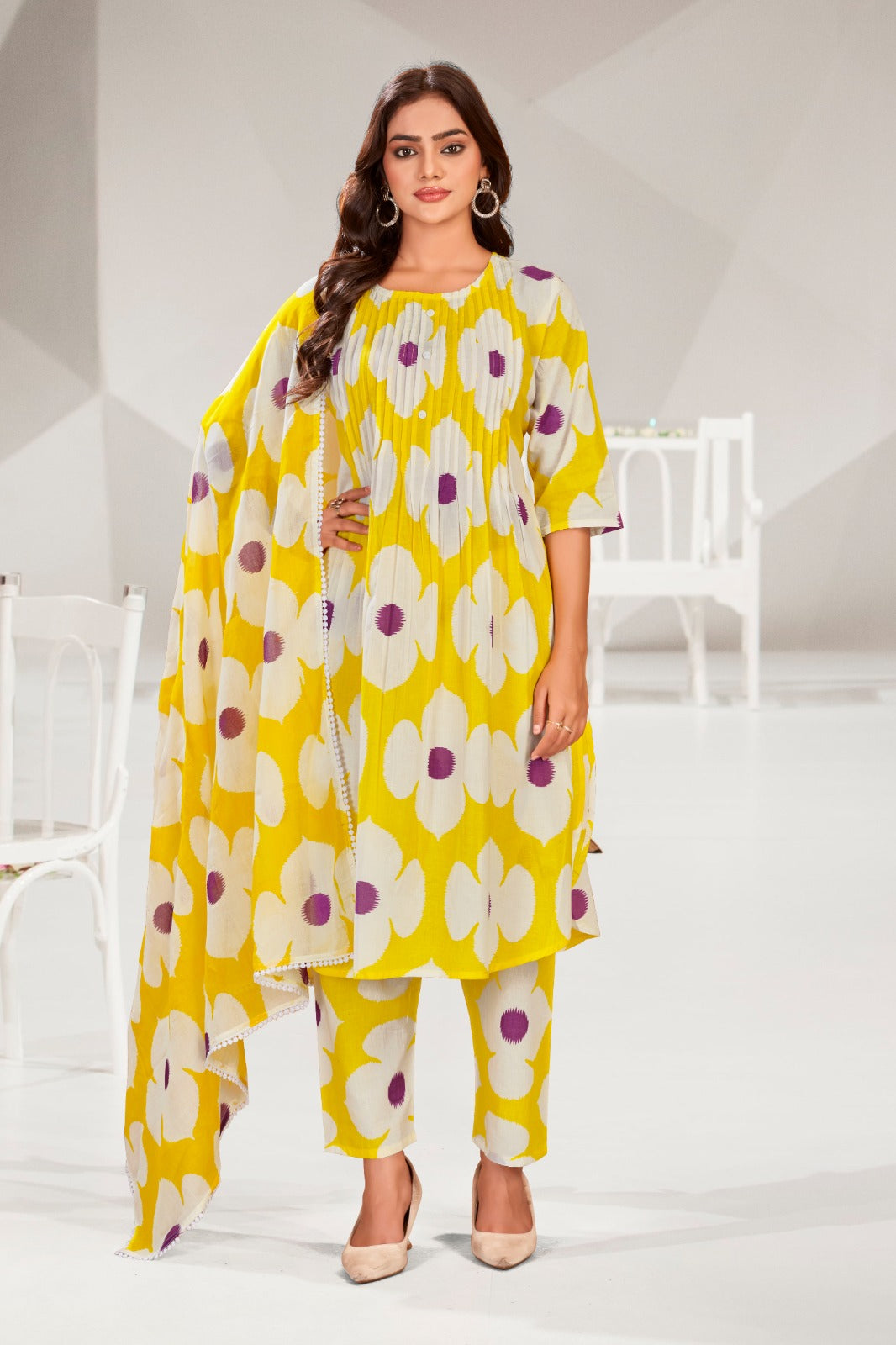 White & Yellow Printed floral design With Dupatta