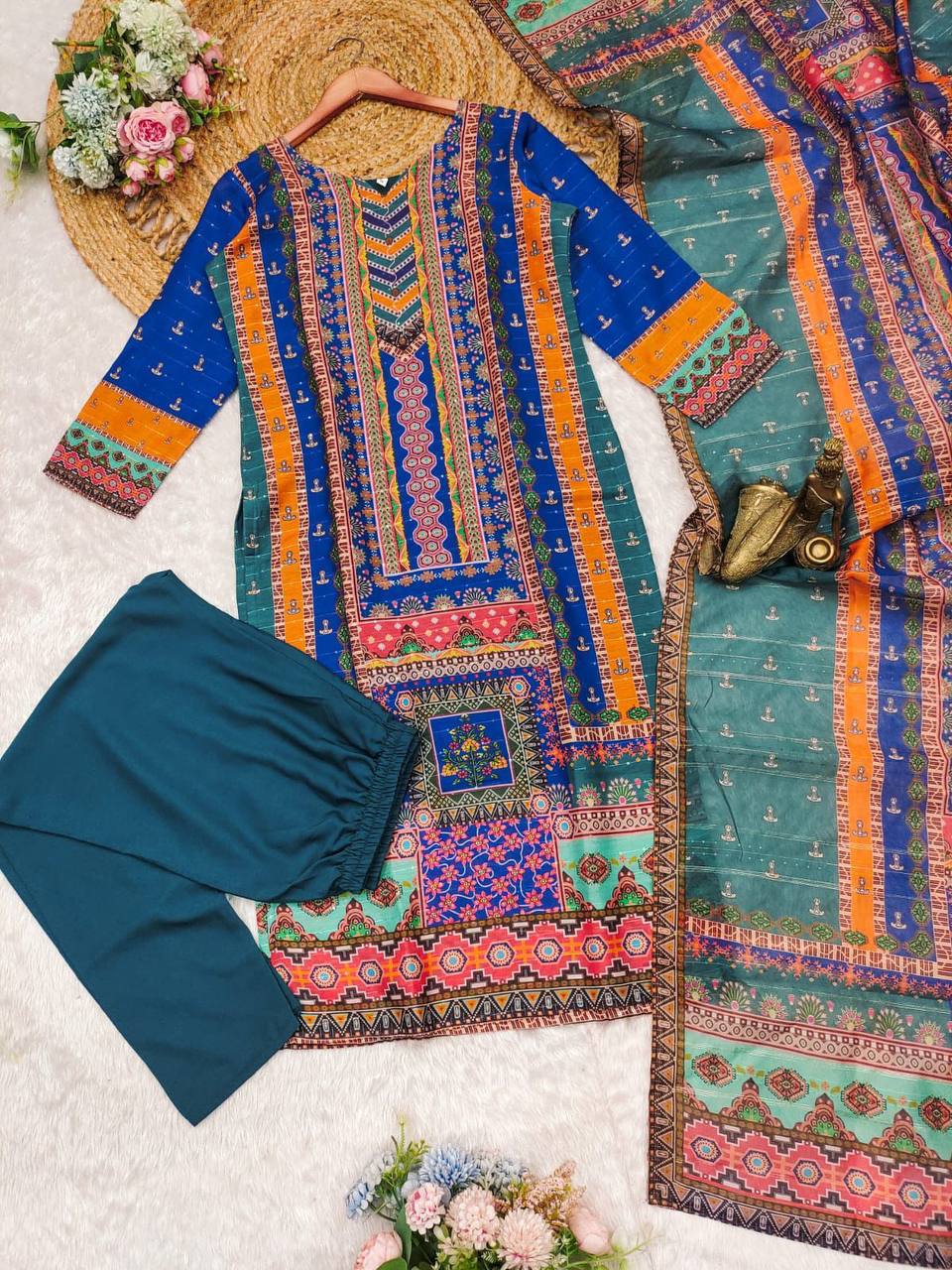 Blue Muslin Suit with Trousers & Dupatta