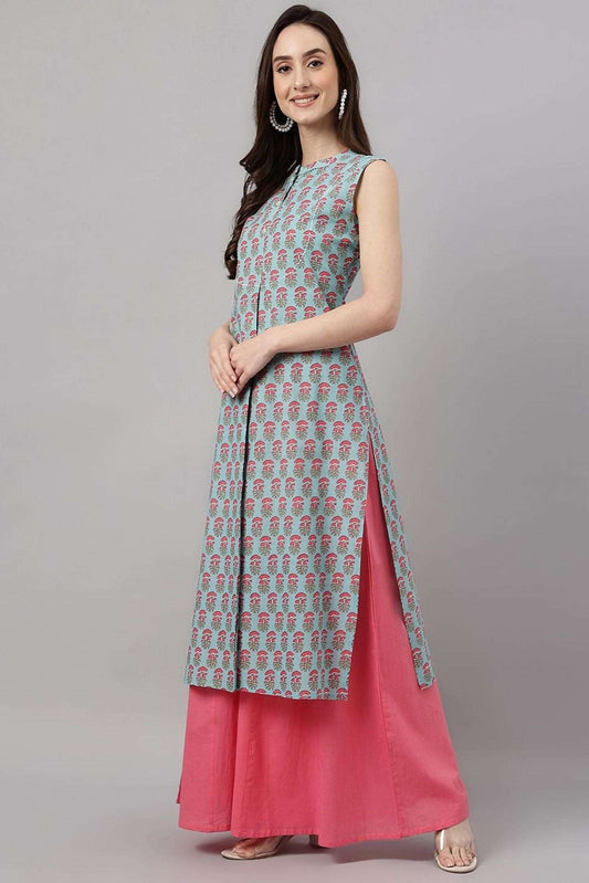 Aqua Blue Cotton Block Print Straight Kurta - Style Like A Diva