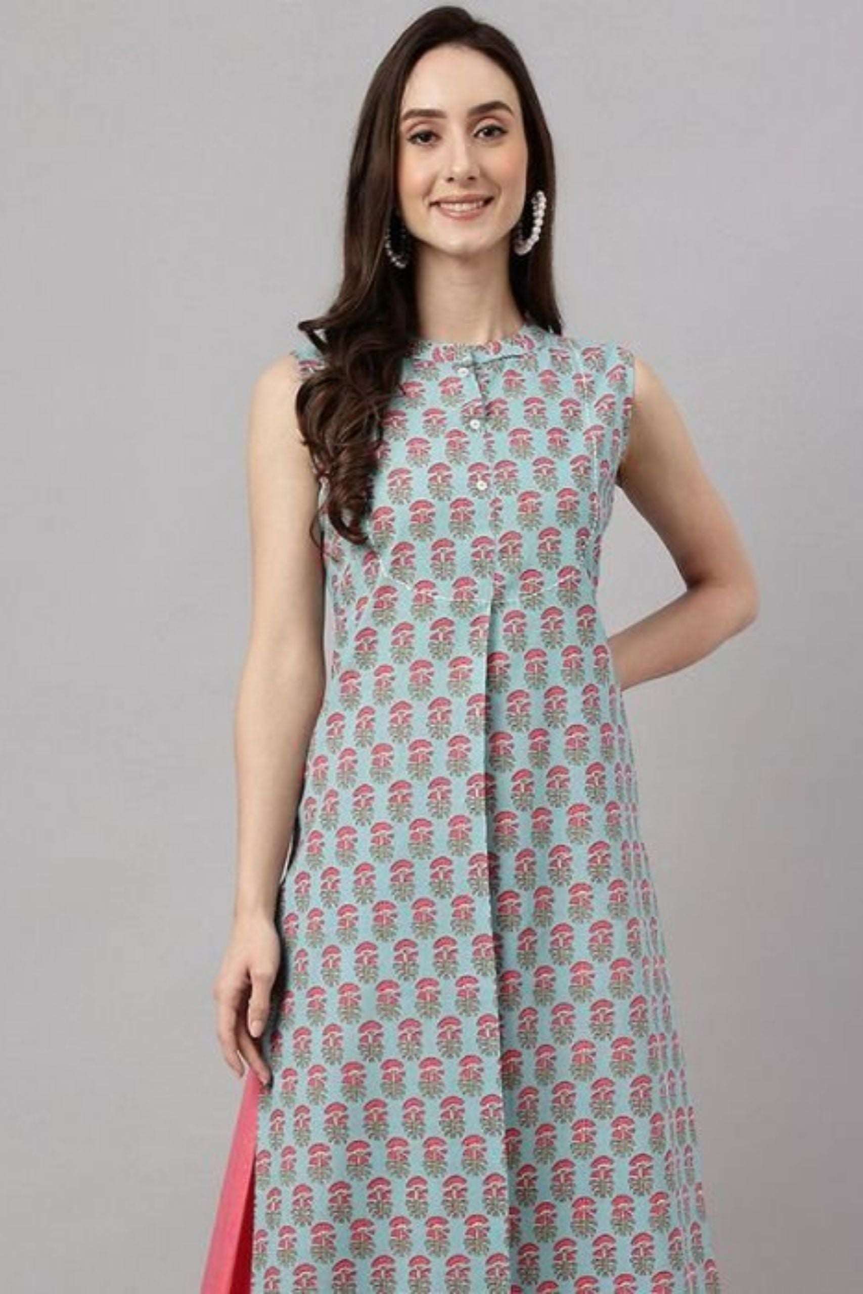 Aqua Blue Cotton Block Print Straight Kurta - Style Like A Diva