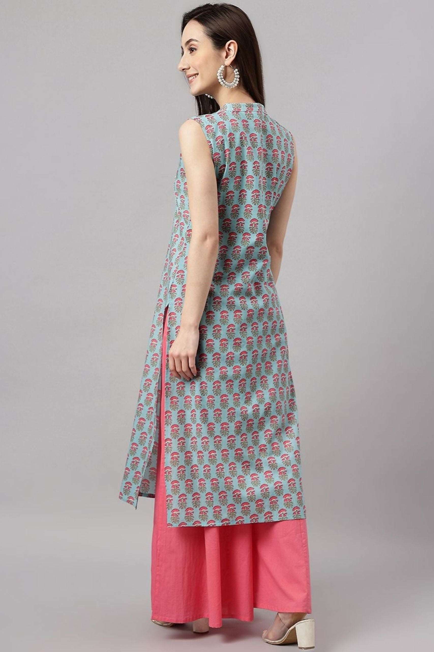 Aqua Blue Cotton Block Print Straight Kurta - Style Like A Diva