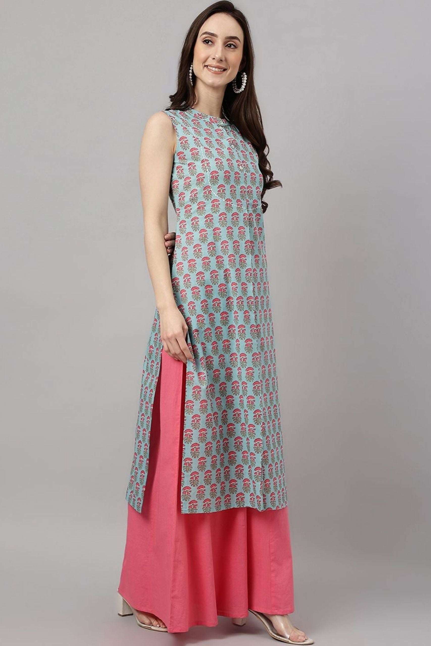 Aqua Blue Cotton Block Print Straight Kurta - Style Like A Diva