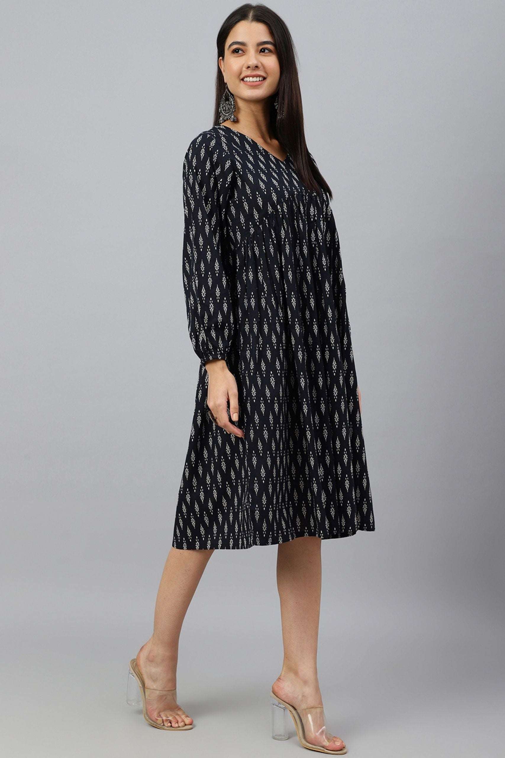 Black Cotton Printed A - Line Western Dress - Style Like A Diva