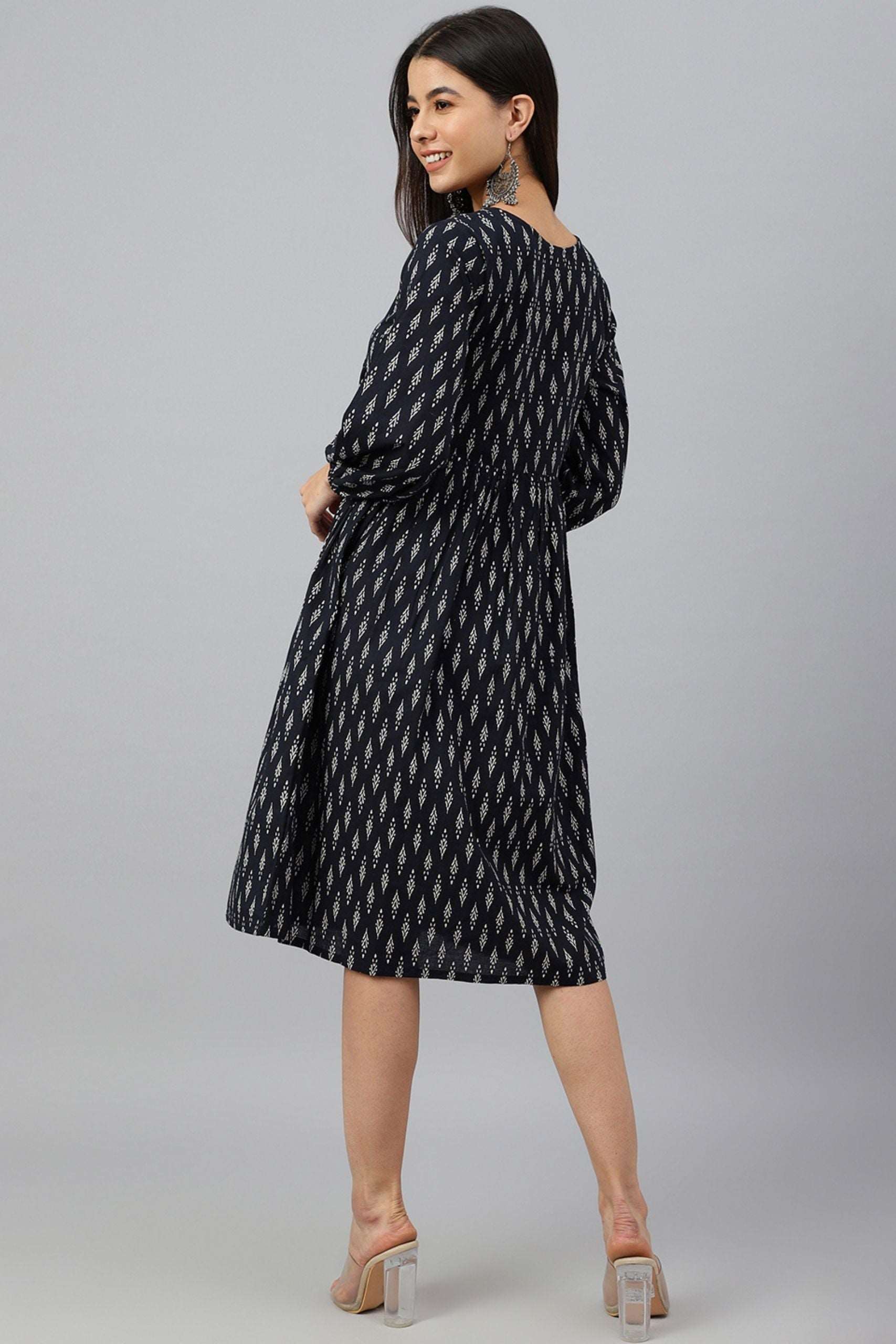 Black Cotton Printed A - Line Western Dress - Style Like A Diva