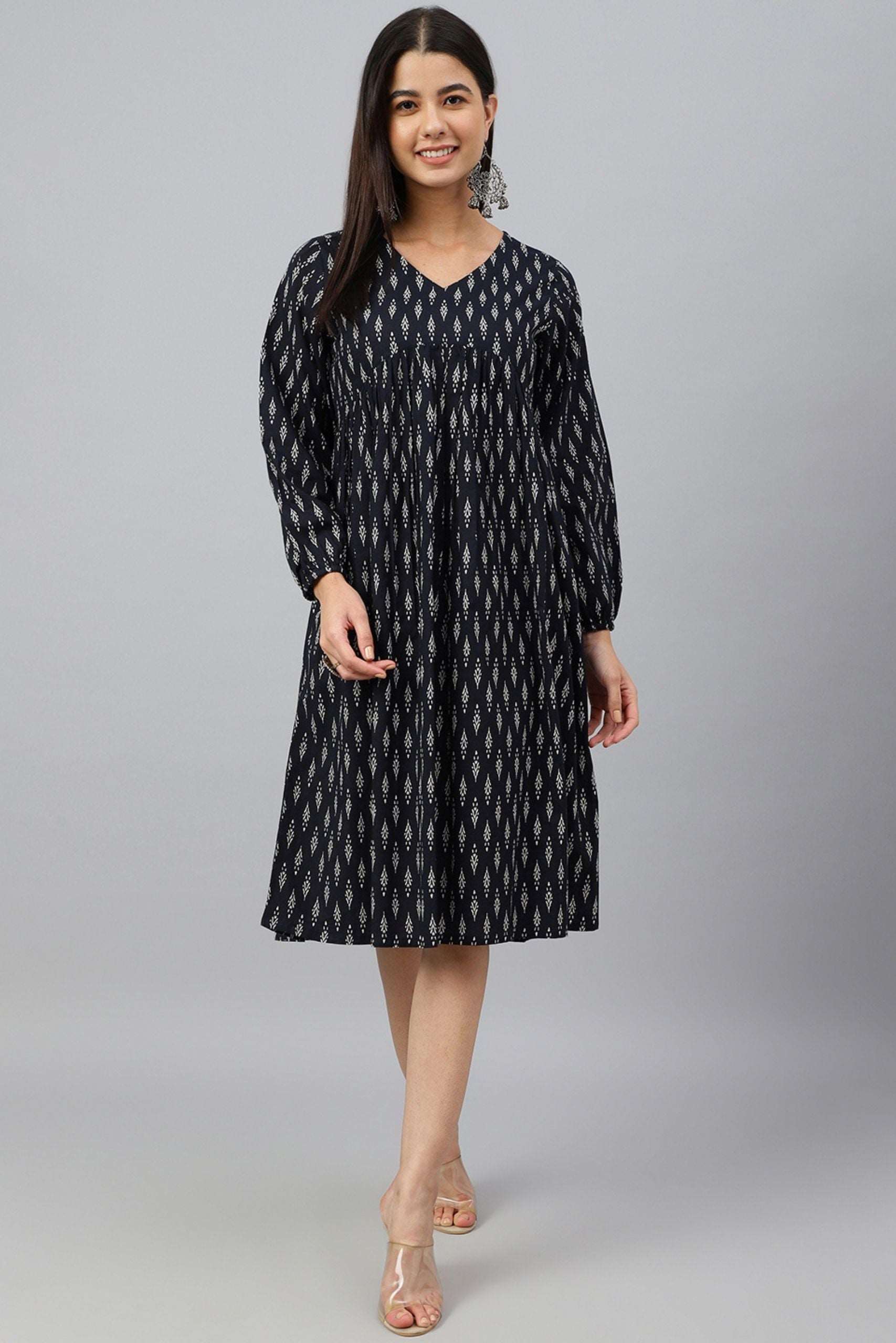 Black Cotton Printed A - Line Western Dress - Style Like A Diva