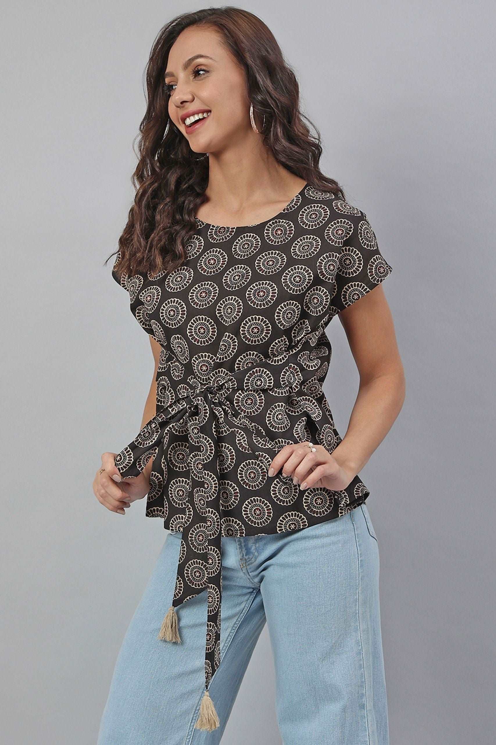 Black Cotton Printed Top - Style Like A Diva