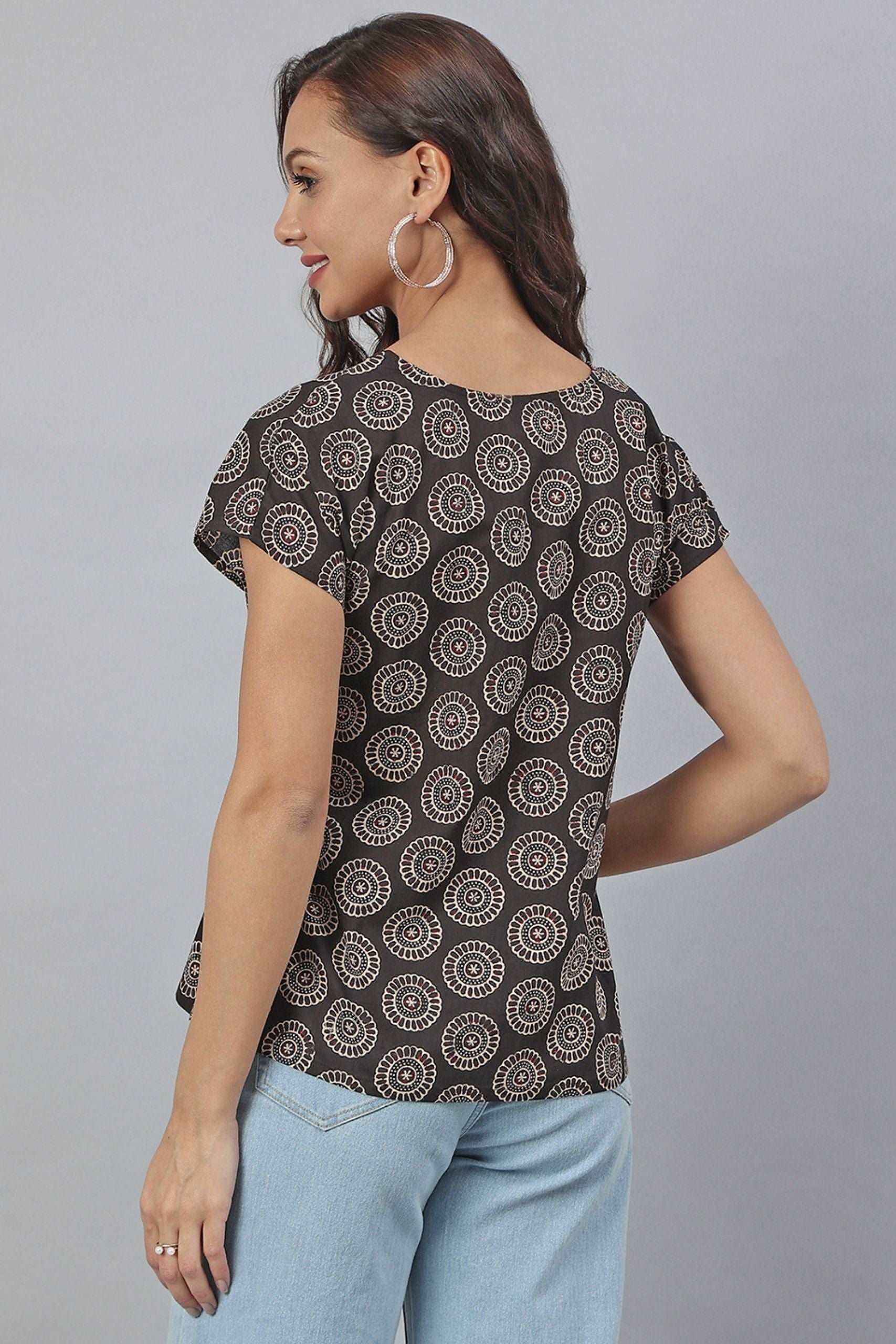 Black Cotton Printed Top - Style Like A Diva