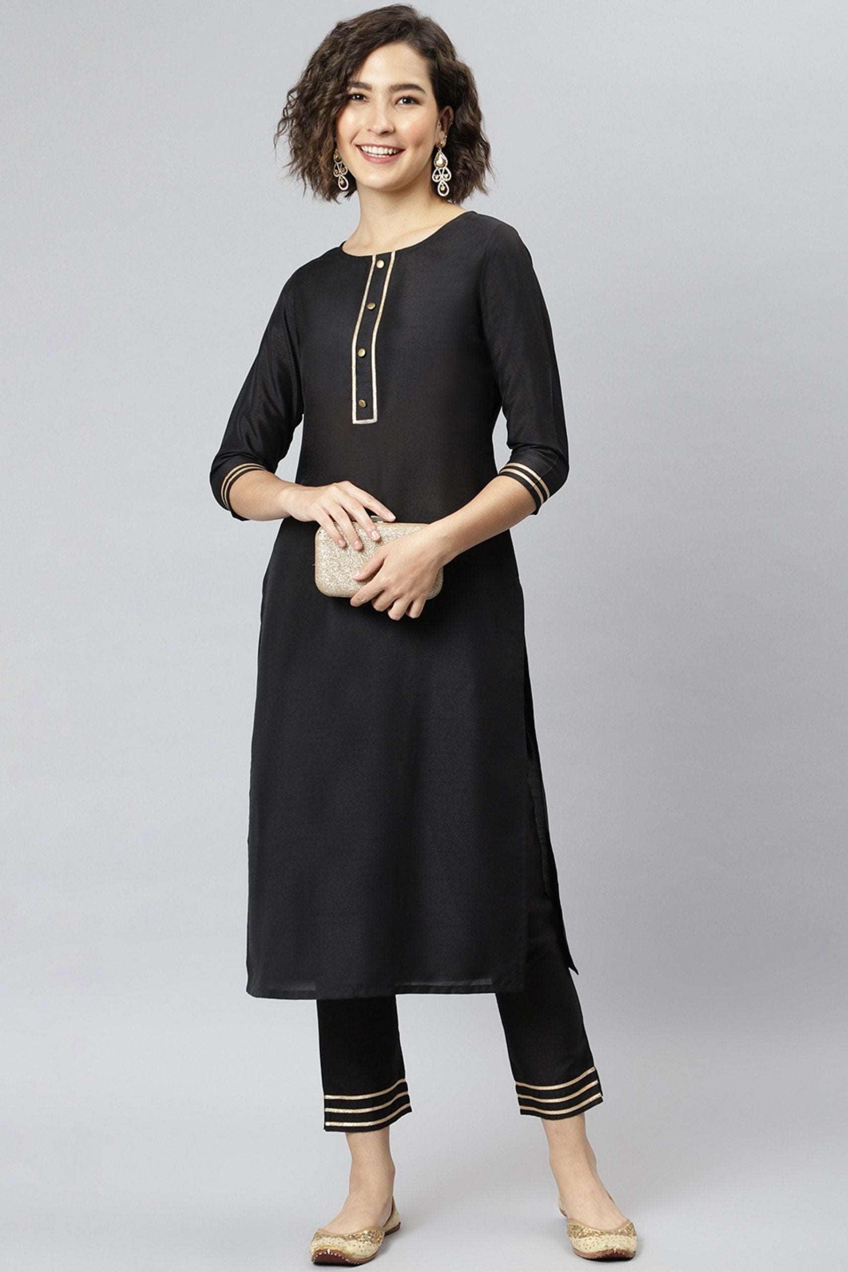 Black Poly Silk Solid Kurta With Pant - Style Like A Diva