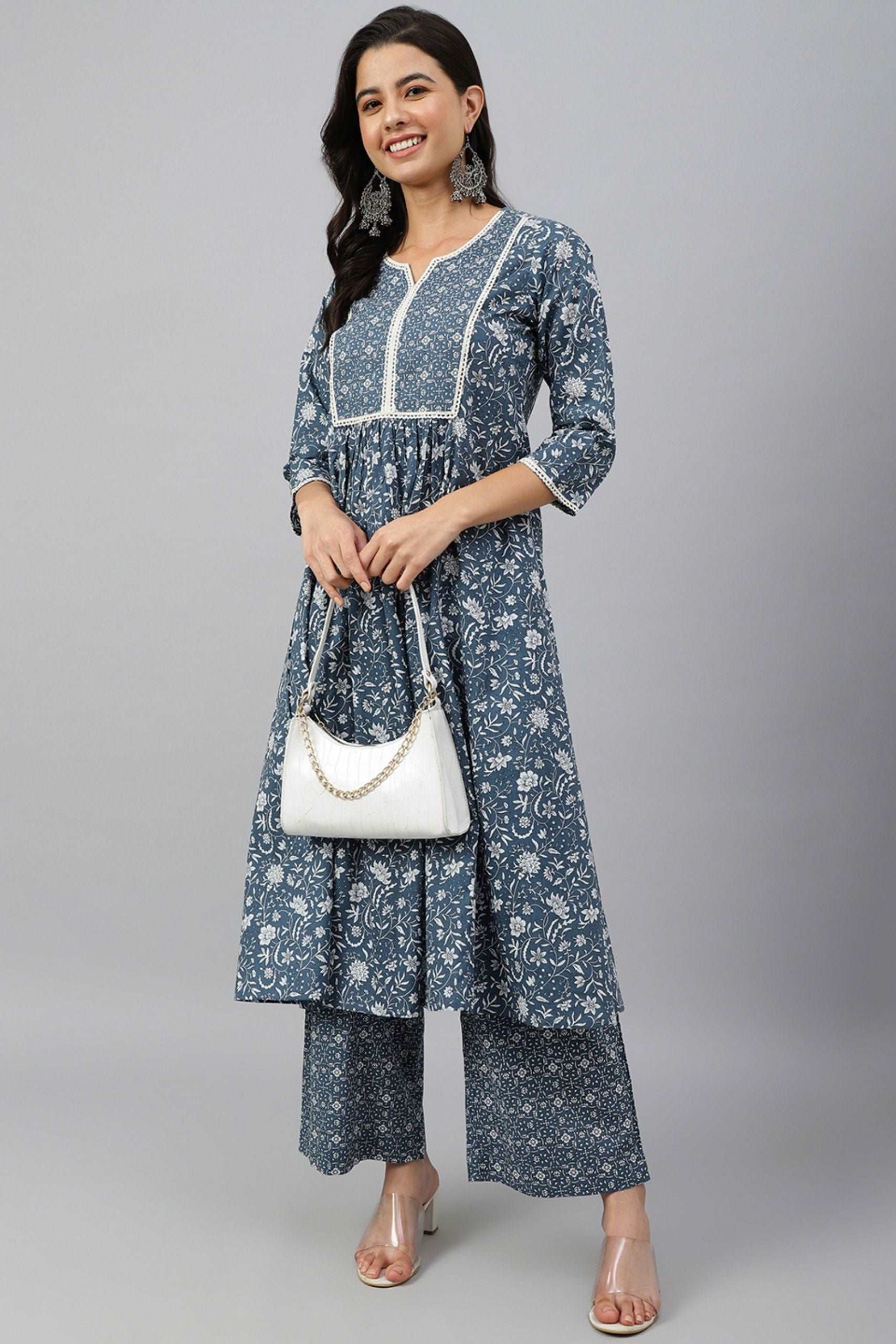 Blue Cotton Floral Block Print Kurta - Style Like A Diva