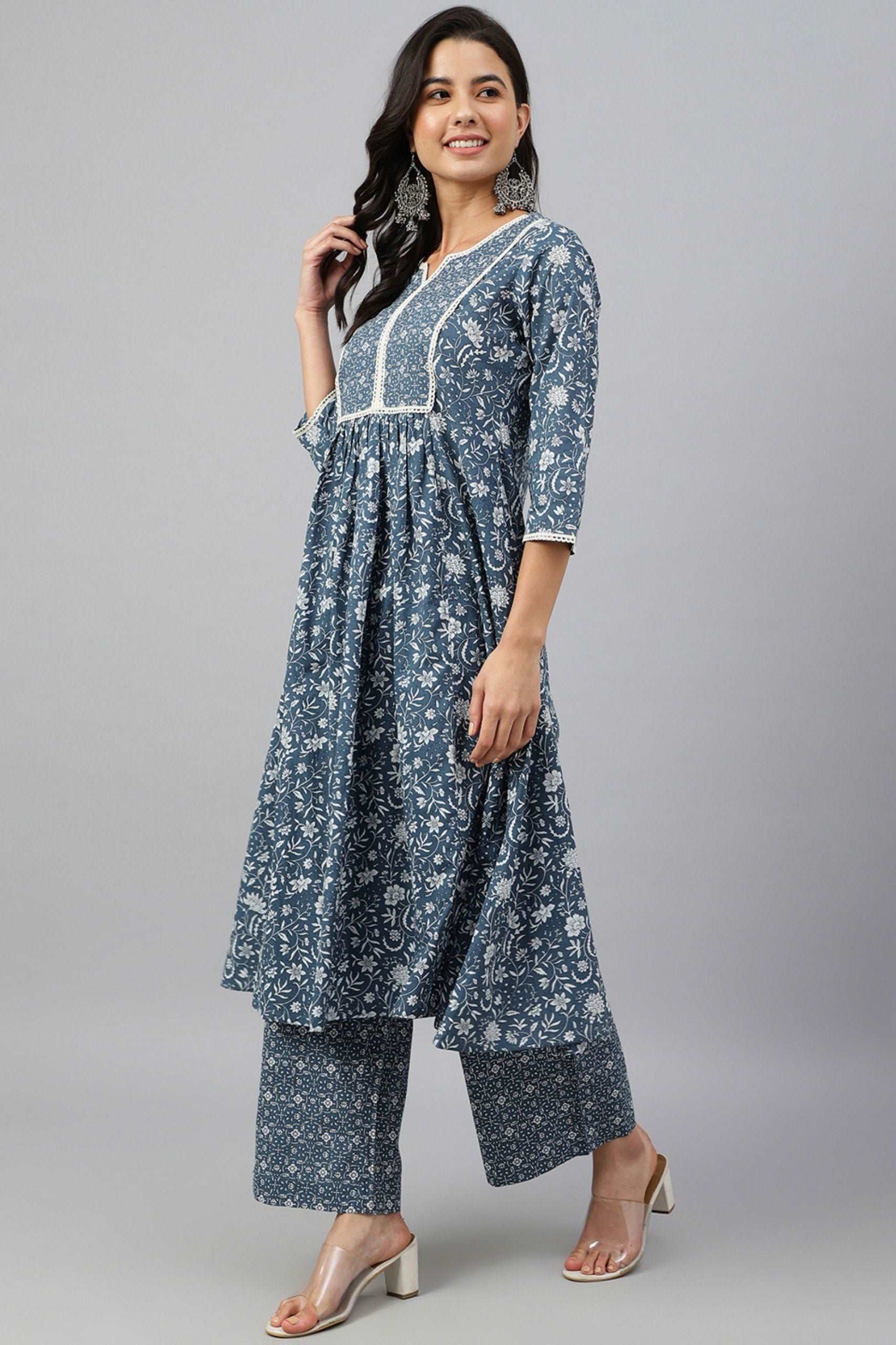 Blue Cotton Floral Block Print Kurta - Style Like A Diva