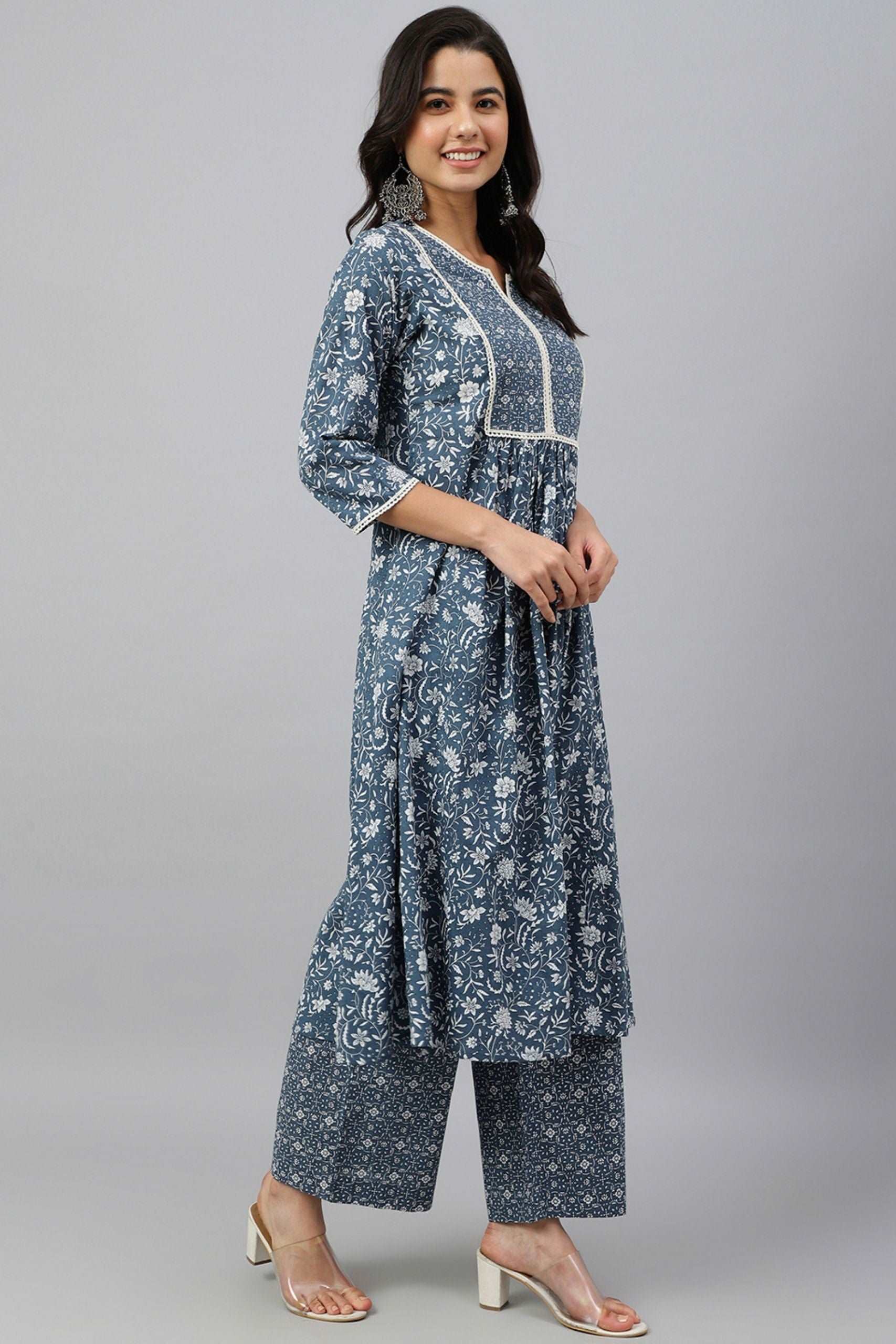 Blue Cotton Floral Block Print Kurta - Style Like A Diva