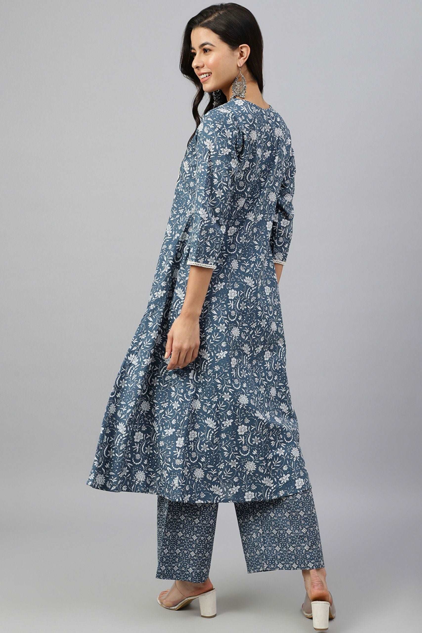 Blue Cotton Floral Block Print Kurta - Style Like A Diva