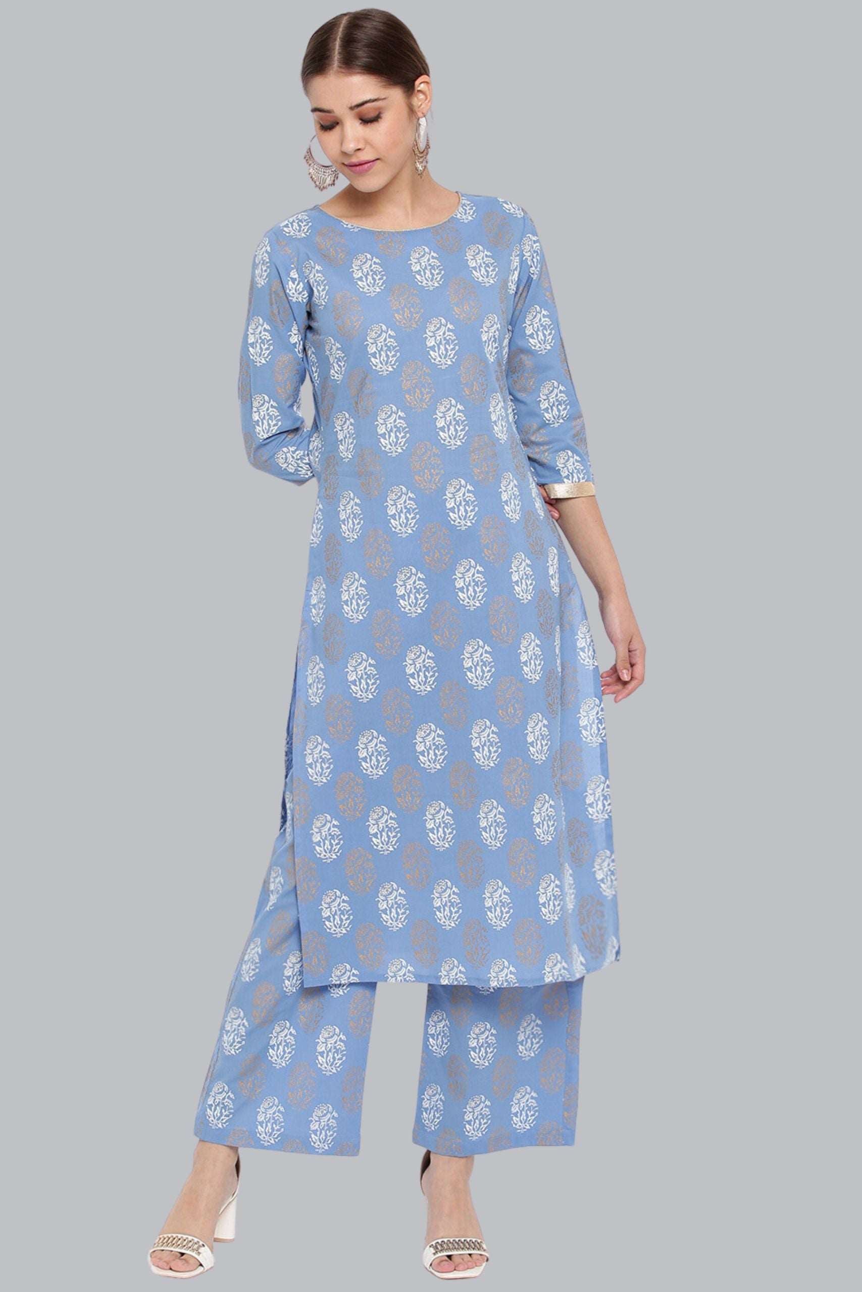 Blue Cotton Floral Print Kurta With Palazzo - Style Like A Diva