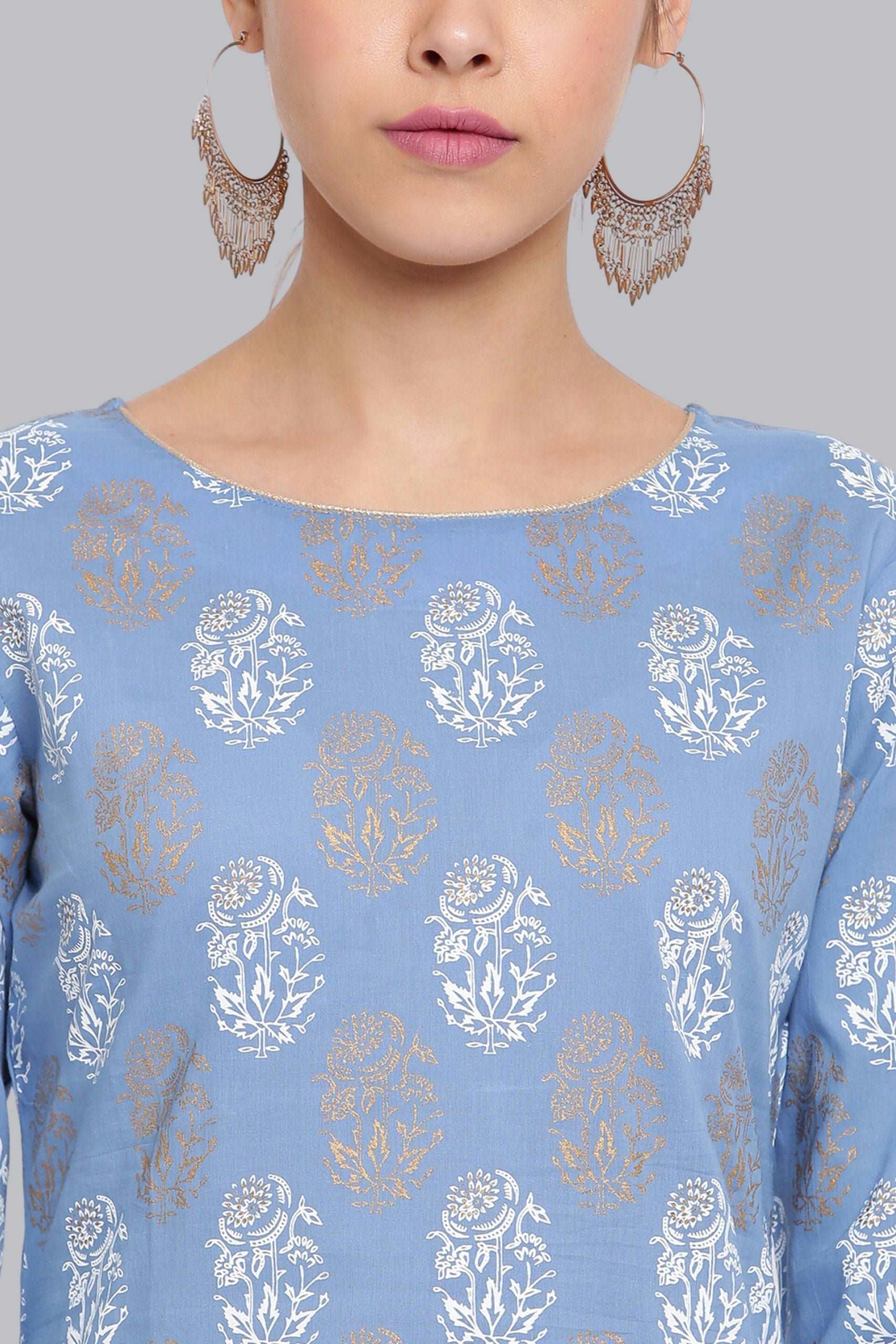 Blue Cotton Floral Print Kurta With Palazzo - Style Like A Diva