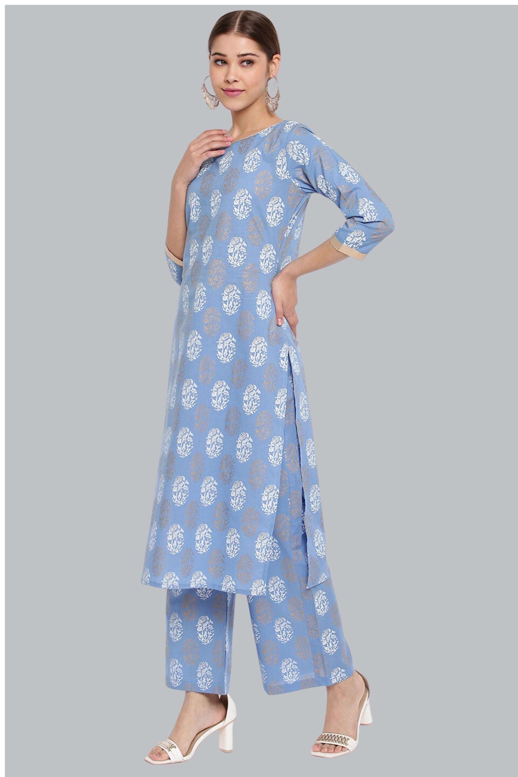 Blue Cotton Floral Print Kurta With Palazzo - Style Like A Diva