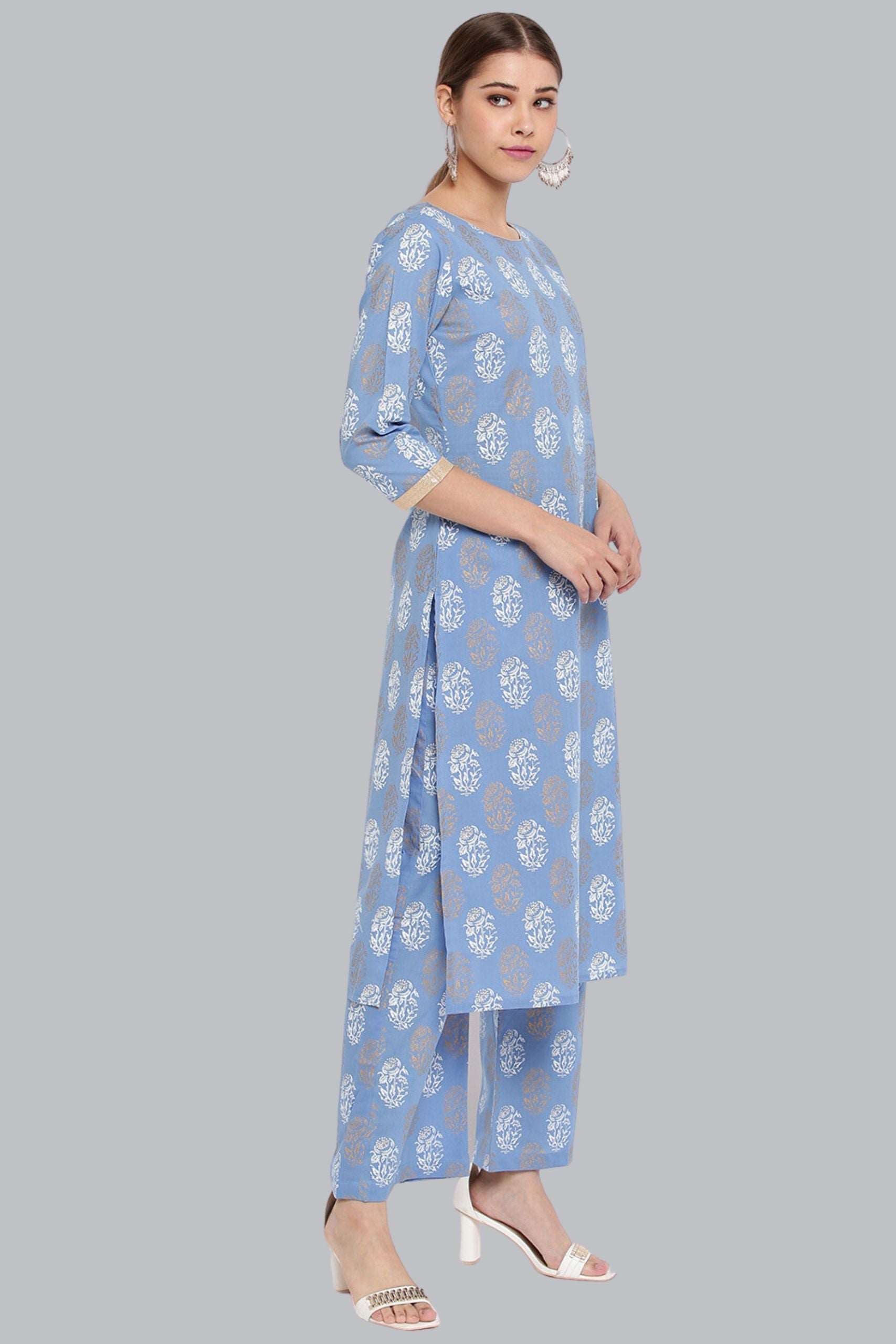 Blue Cotton Floral Print Kurta With Palazzo - Style Like A Diva