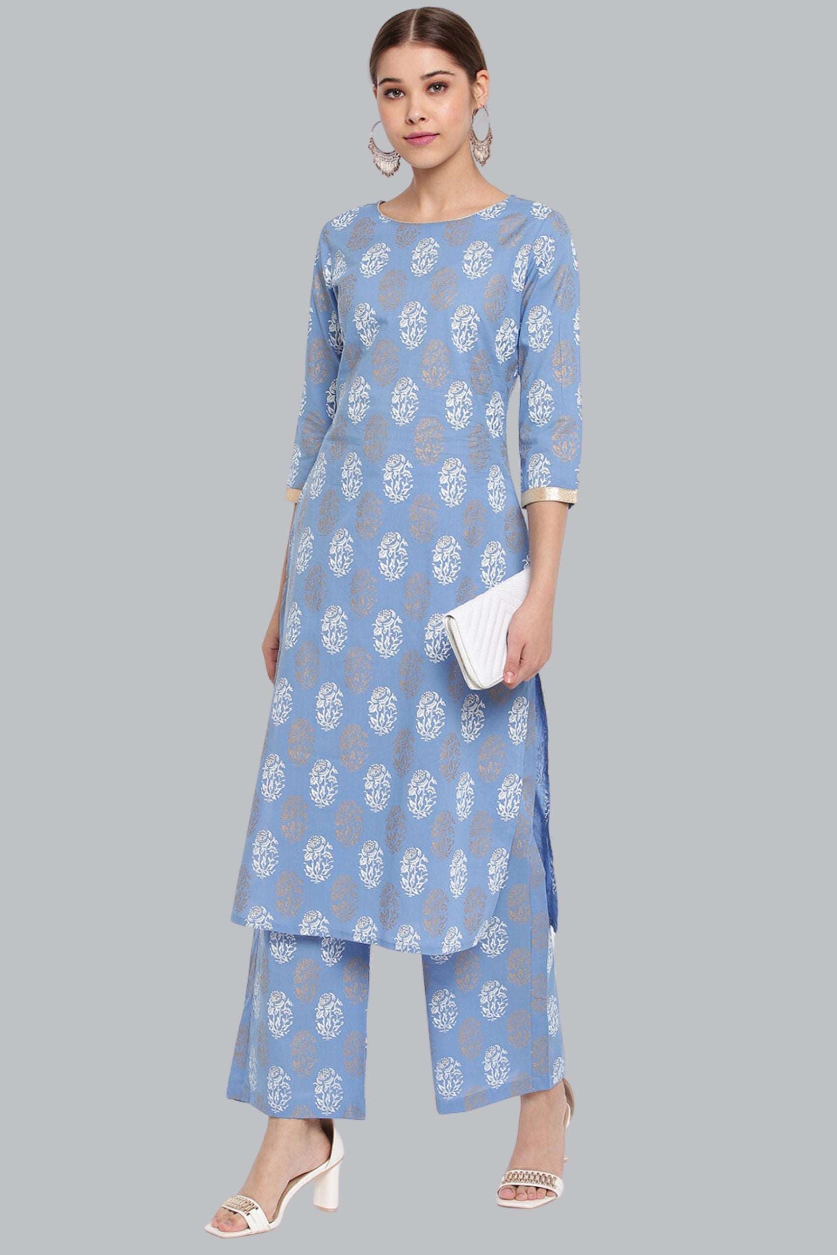 Blue Cotton Floral Print Kurta With Palazzo - Style Like A Diva